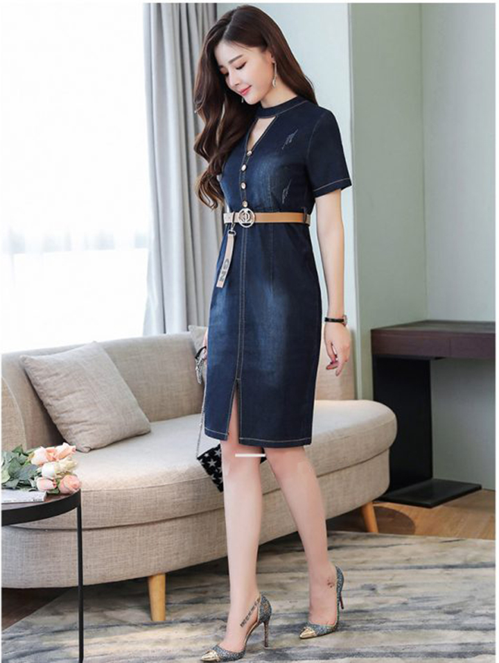 ĐẦM JEAN BODY KHOÉT CỔ ĐÍNH NÚT - NJ932